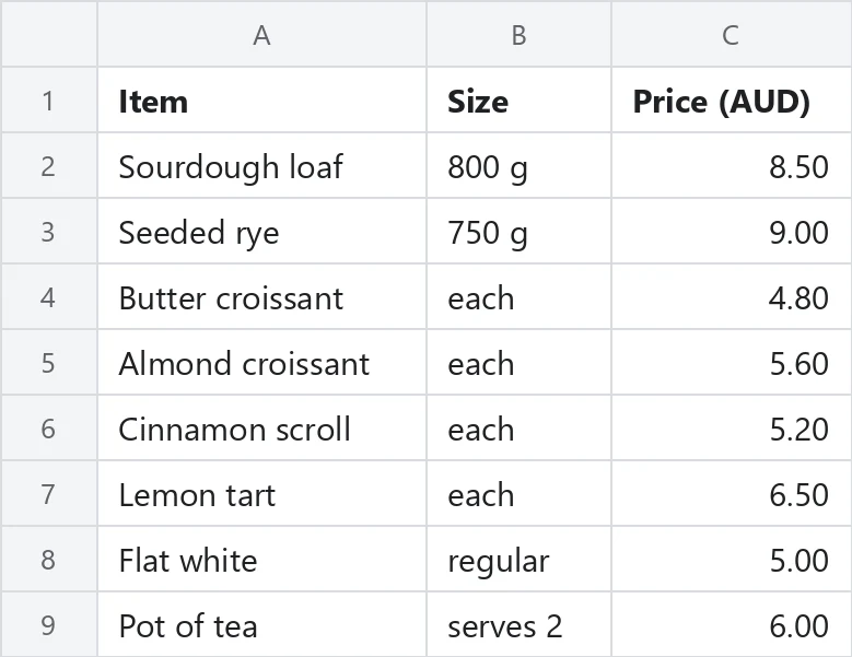 The first sheet of harbour-lane-price-list.xlsx, showing the Harbour Lane Bakery price list