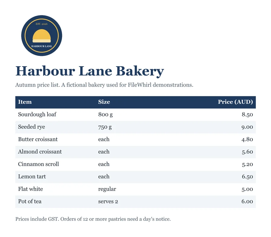 A page of harbour-lane-price-list.pdf, showing the Harbour Lane Bakery price list