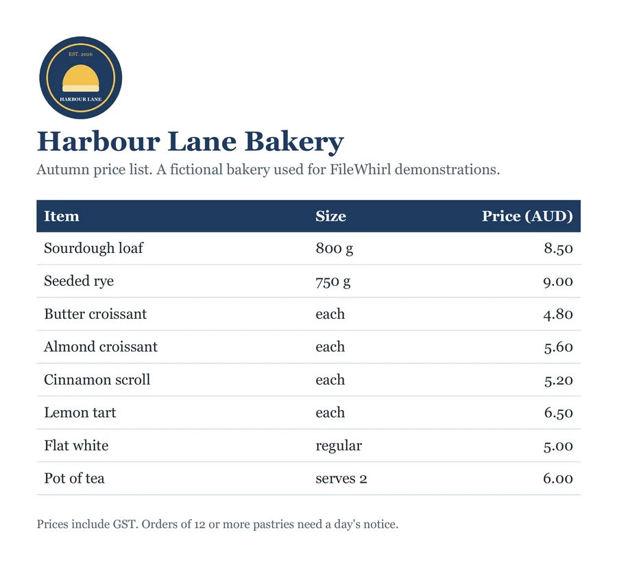 A page of harbour-lane-price-list.pdf, showing the Harbour Lane Bakery price list