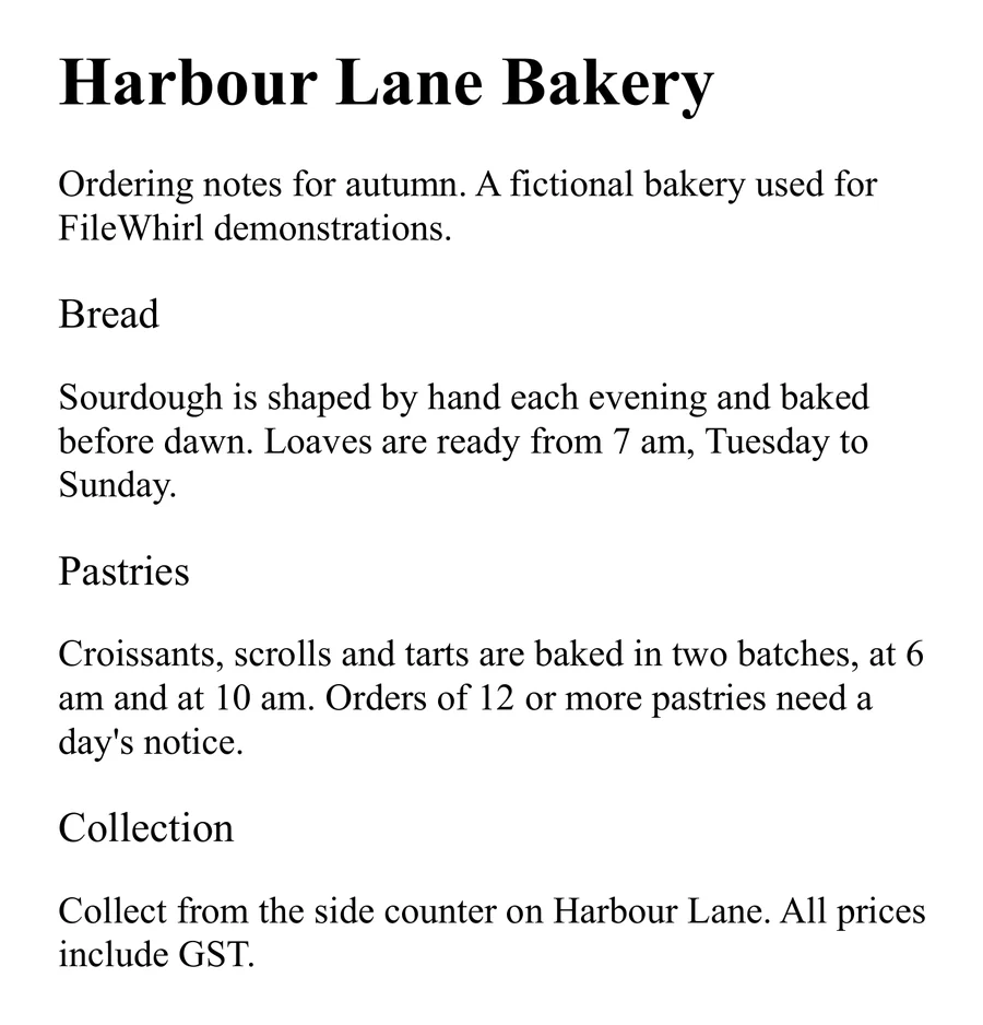 A page of harbour-lane-ordering-notes.epub, showing the Harbour Lane Bakery ordering notes