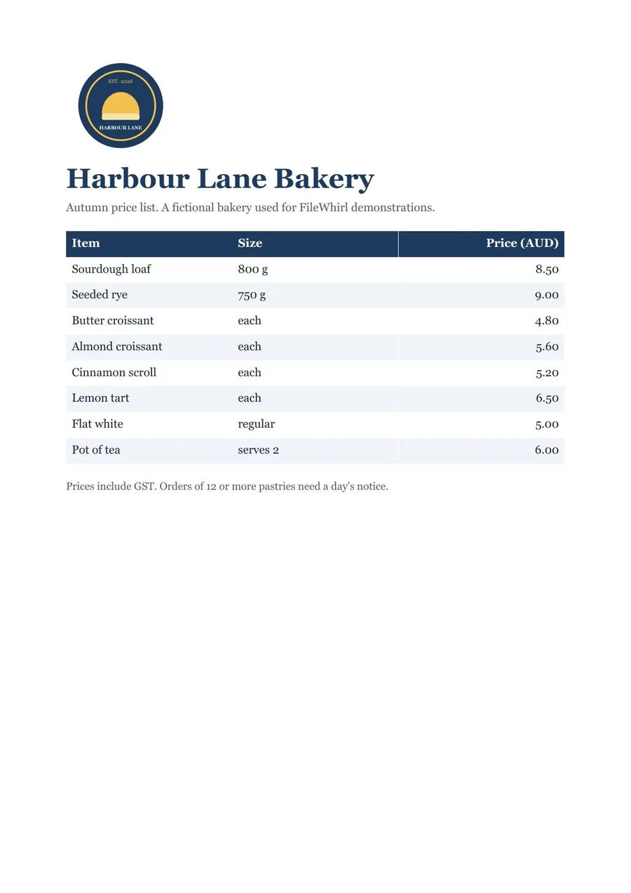 harbour-lane-price-list.jpg, showing the Harbour Lane Bakery price list