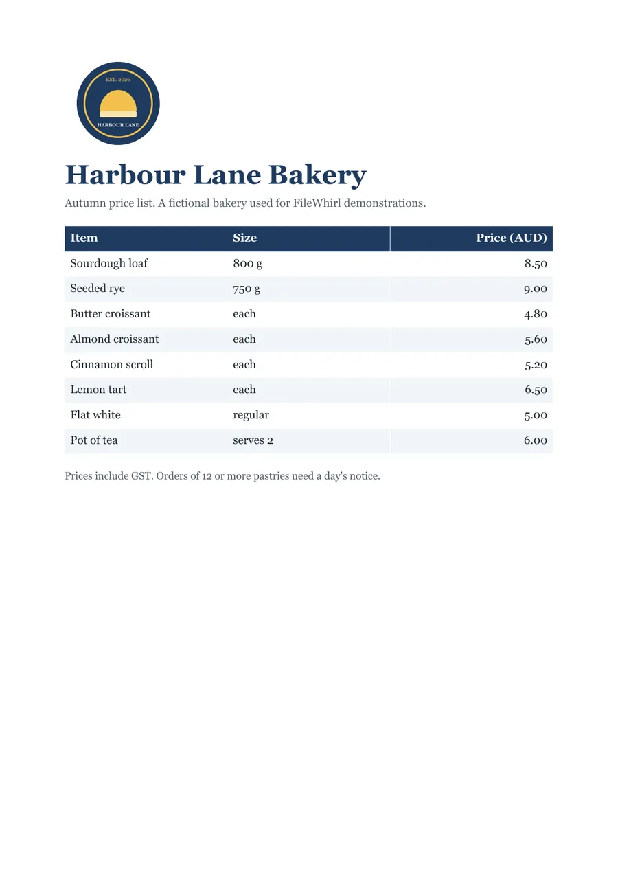 harbour-lane-price-list.png, showing the Harbour Lane Bakery price list