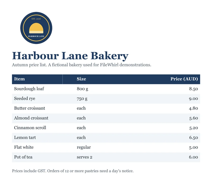 A page of harbour-lane-price-list.docx, showing the Harbour Lane Bakery price list
