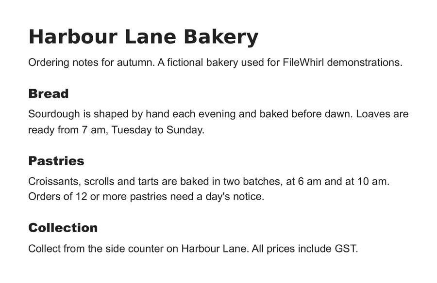 A page of harbour-lane-ordering-notes.pdf, showing the Harbour Lane Bakery ordering notes
