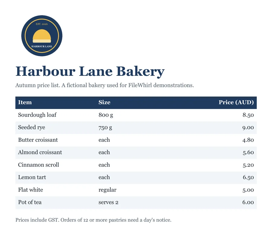 A page of harbour-lane-price-list.odt, showing the Harbour Lane Bakery price list