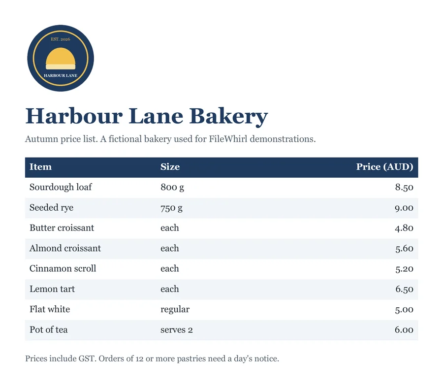 A page of harbour-lane-price-list.pdf, showing the Harbour Lane Bakery price list