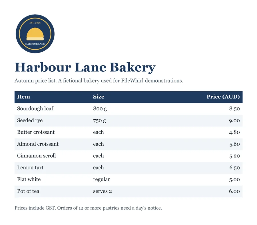A page of harbour-lane-price-list.docx, showing the Harbour Lane Bakery price list